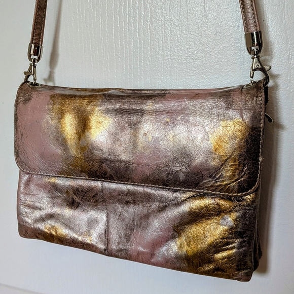 Due Fratelli Vintage Genuine Leather Crossbody Bag – Gold, Pink & Brown - Picture 1 of 9